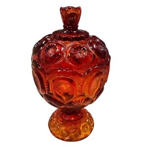 LE Smith Moon & Star Amberina Glass Pedestal Compote Candy Dish Lidded Vintage